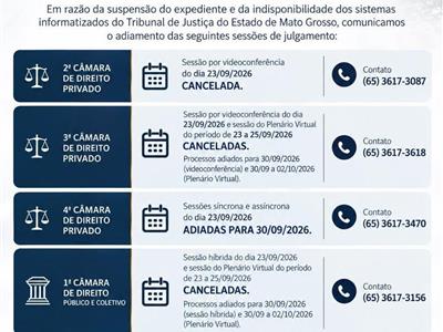 Notícia destaque: Câmaras do TJMT adiam sessões de julgamento desta quarta-feira (23)